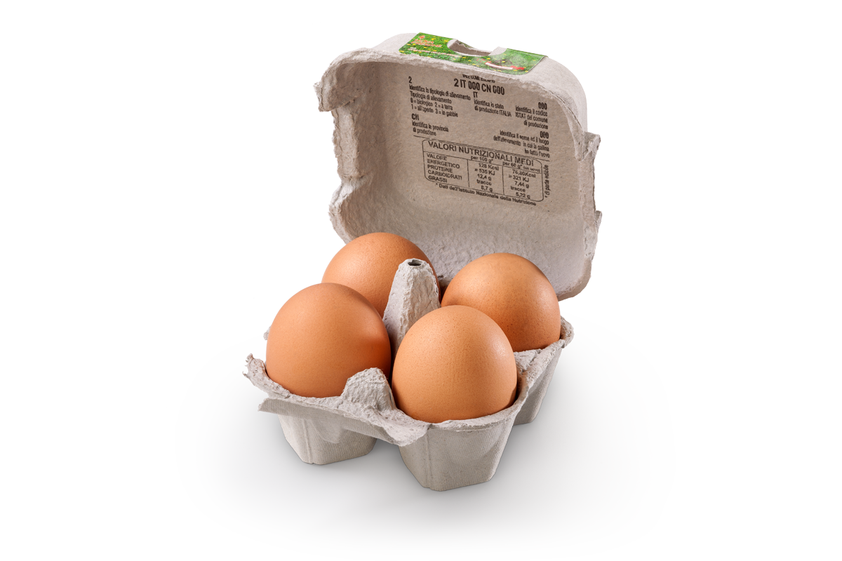 Uova di gallina allevate all'aperto. Confezione in polpa di legno da 4 uova - Uovo del Roero