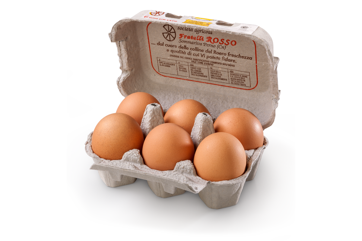 Uova di gallina pasta gialla L grandi. Confezione in polpa di legno da 6 uova - Uovo del Roero