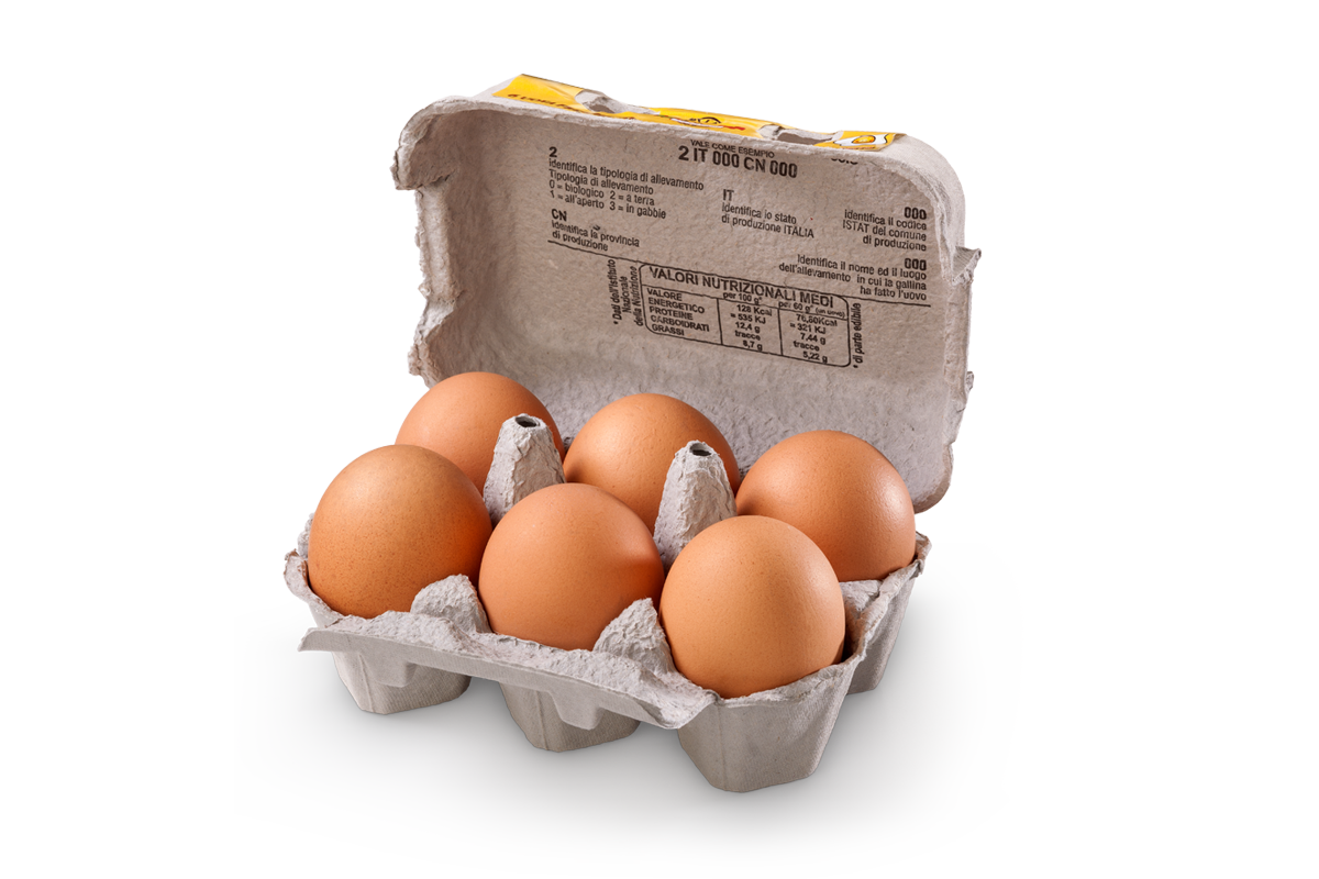 Uova di gallina allevate a terra M medie. Confezione in polpa di legno da 6 uova - Uovo del Roero